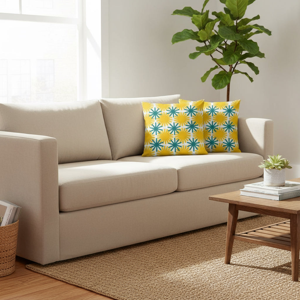 Abstract Round Wheel Throw Pillow – 18x18” Modern Green & Yellow on White