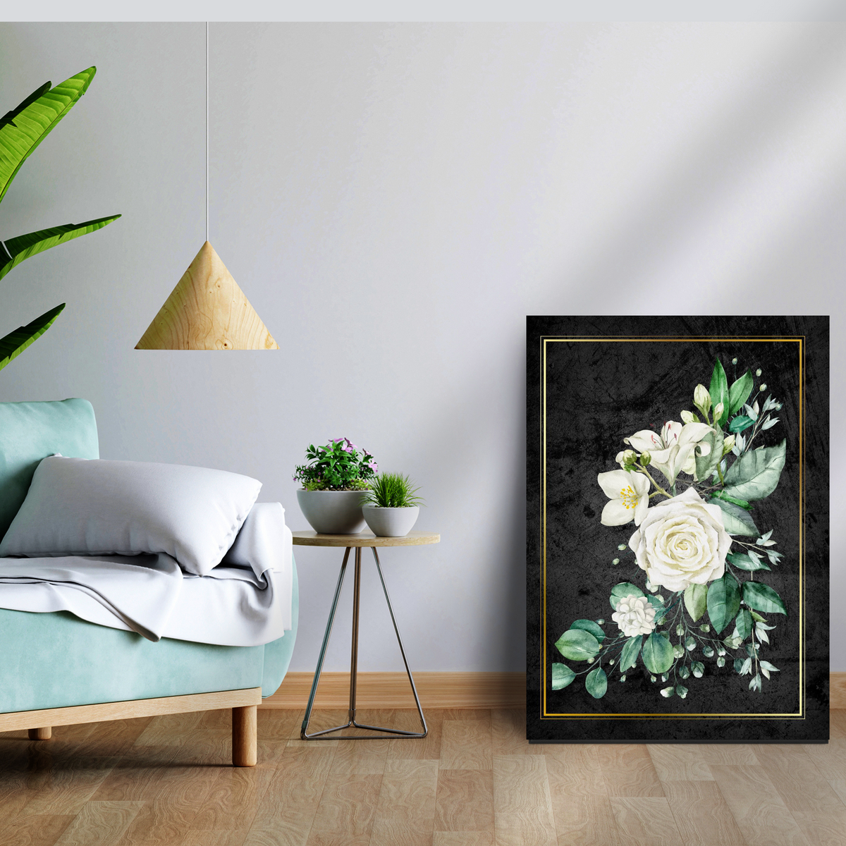 Degeta Wall Art Set of 3 – Green Flora on Glossy Background with Gold Frame Accents (Digital Download)