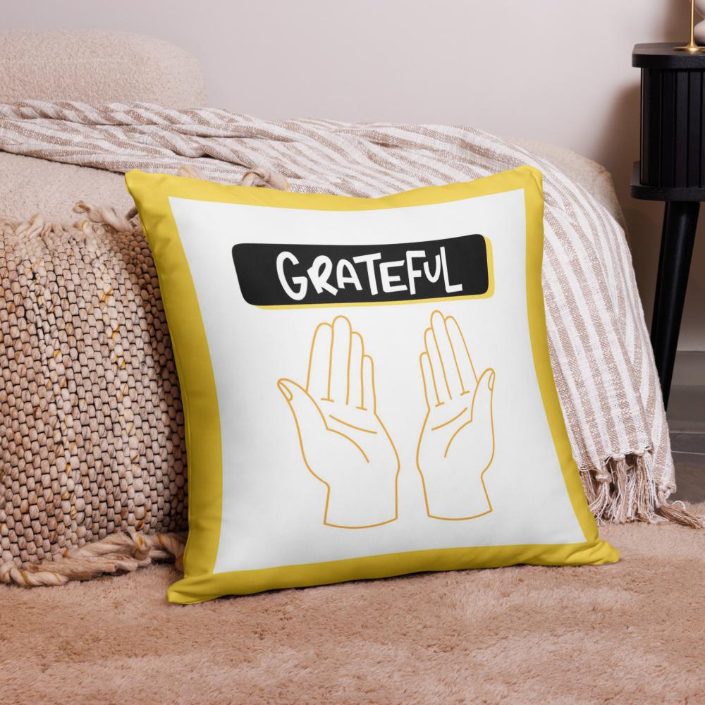 Grateful Thanksgiving Pillow – 22x22” White & Yellow Cushion with Open Palms