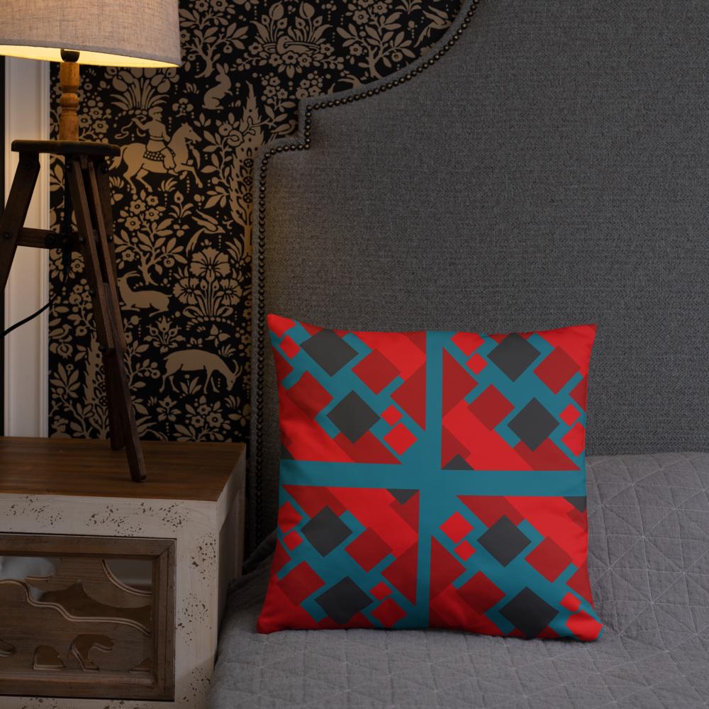 Geometric Red Shapes Throw Pillow – 18x18” | Modern Abstract Decor in Navy Green