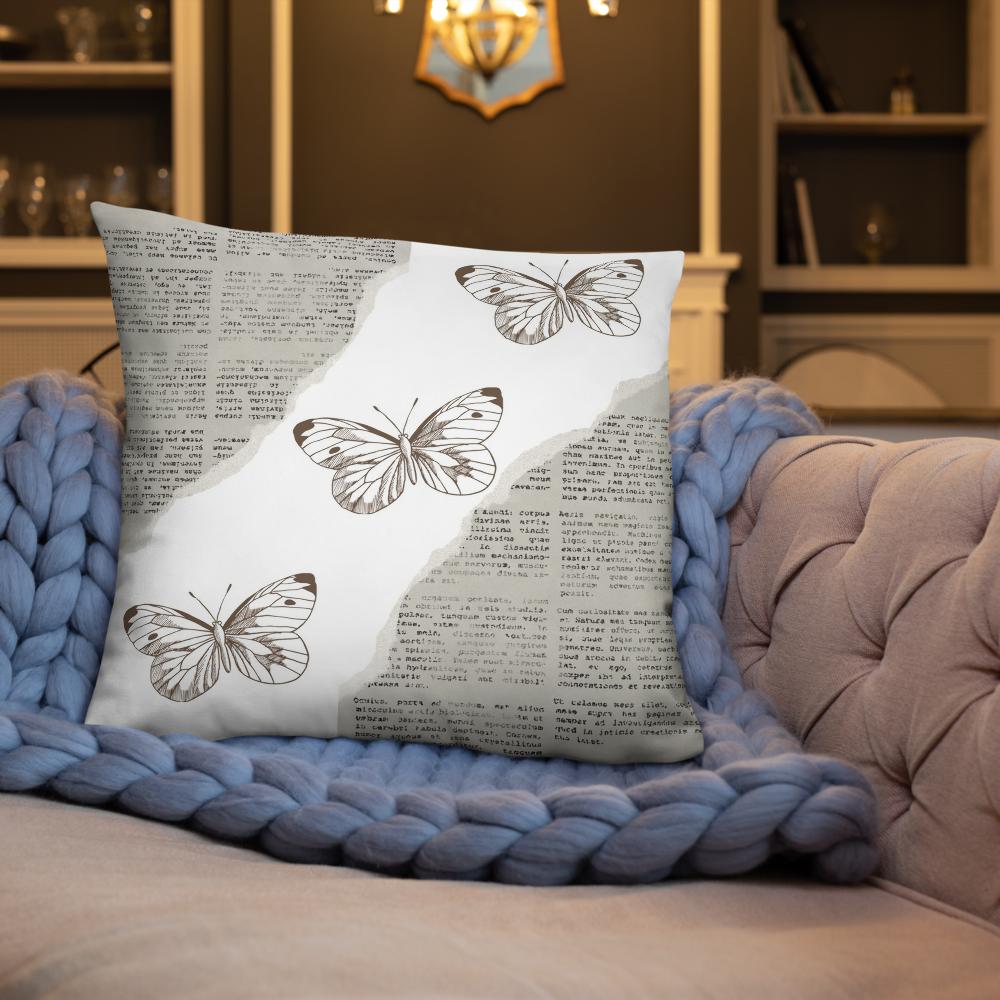 Vintage Newspaper Throw Pillow with Butterflies – Decorative Cushion 22x22”