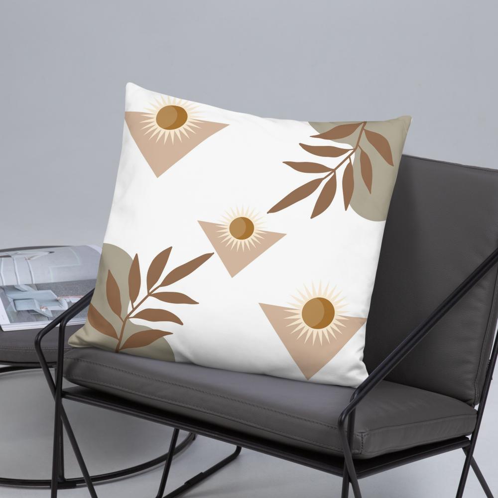 White Throw Pillow with Brown Boho Designs – Decorative Cushion 22x22”