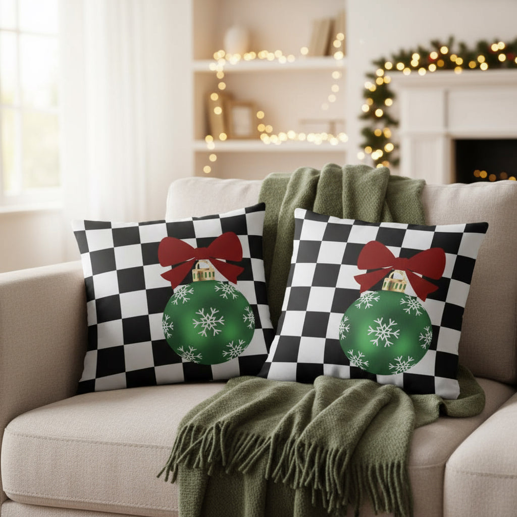 Black & White Checkered Christmas Throw Pillow | Farmhouse Holiday Decor Cushion | Festive Plaid Accent Pillow for Living Room or Bedroom (18x18 & 22x22)