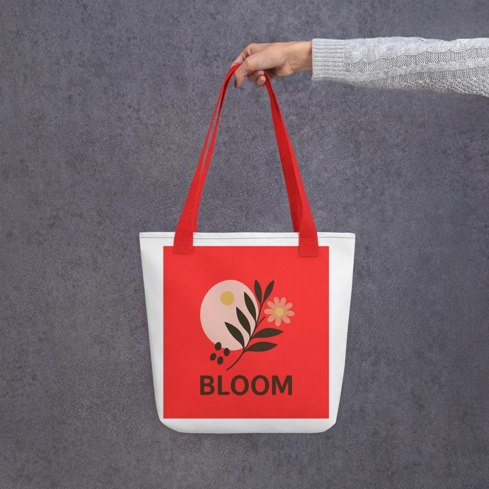 Red & White “BLOOM” Boho Tote Bag – 15”x15” Stylish Everyday Carryall