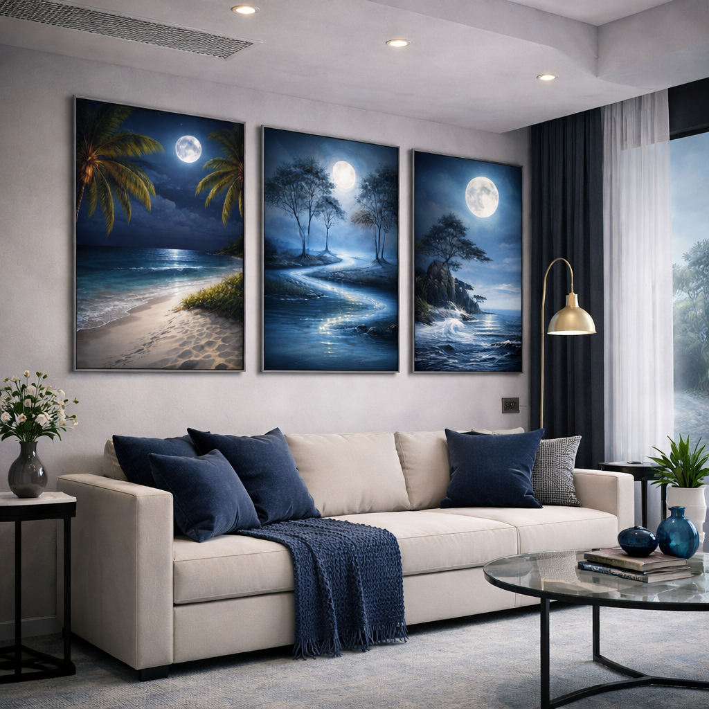 Moonlight Ocean Wall Art Set – Blue Coastal Night Landscape Printable – Serene Beach Digital Download (11x14, 16x20, 18x24, 24x36)