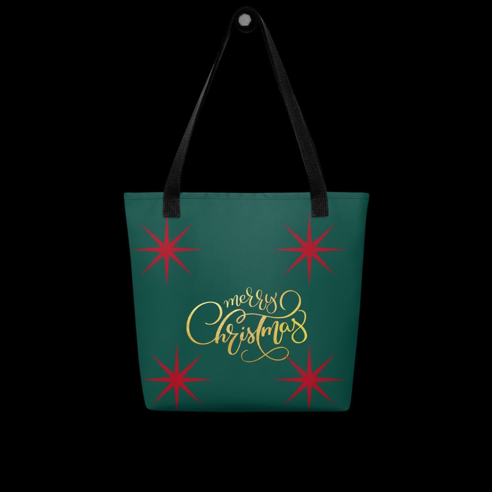 Green “Merry Christmas” Tote Bag with Red Stars – 15”x15” Holiday Carryall