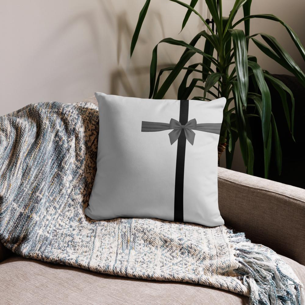White Throw Pillow with Black Line & Bow – 18x18” & 22x22”