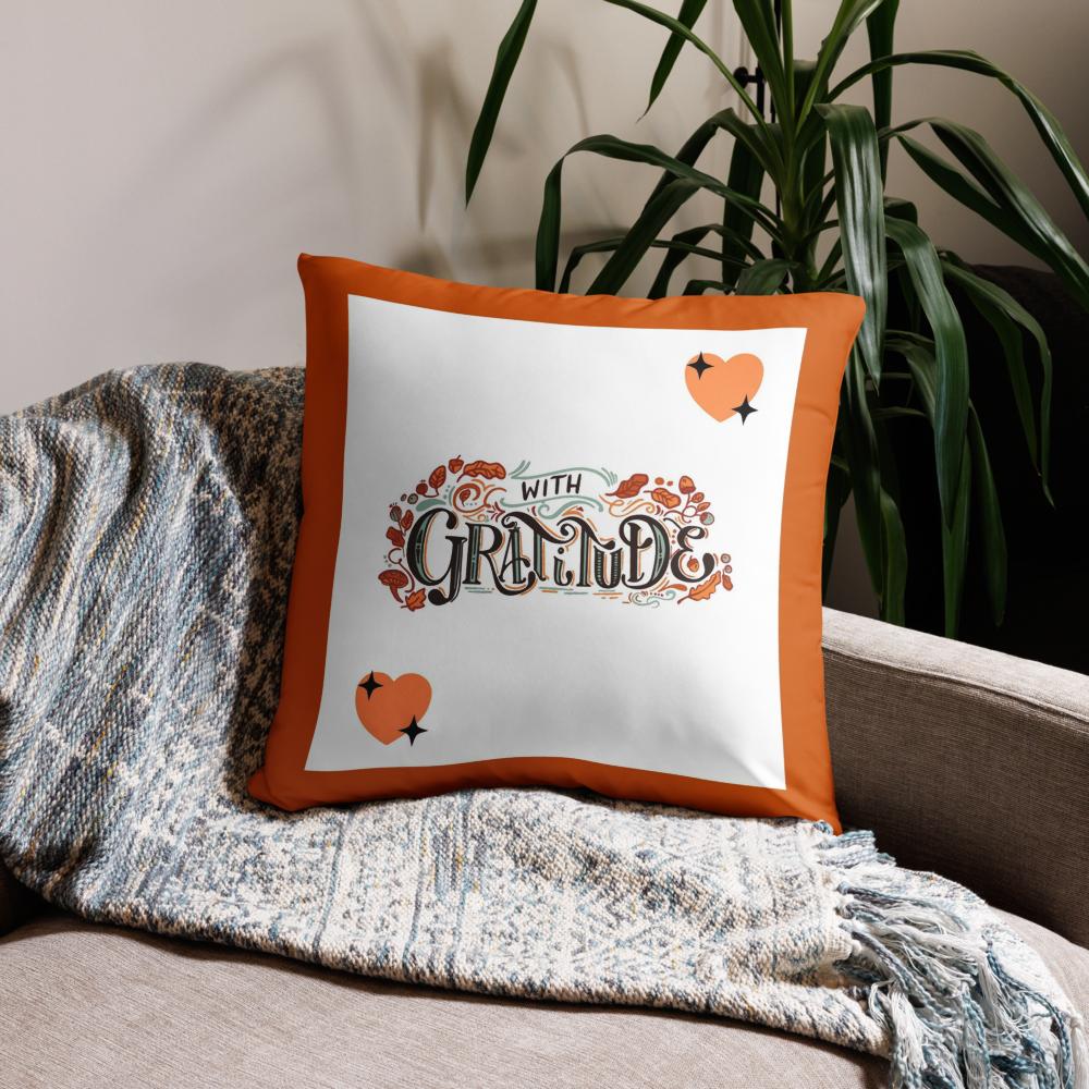 With Gratitude Throw Pillow – Thanksgiving Decorative Cushion (18x18, White with Orange Borders)