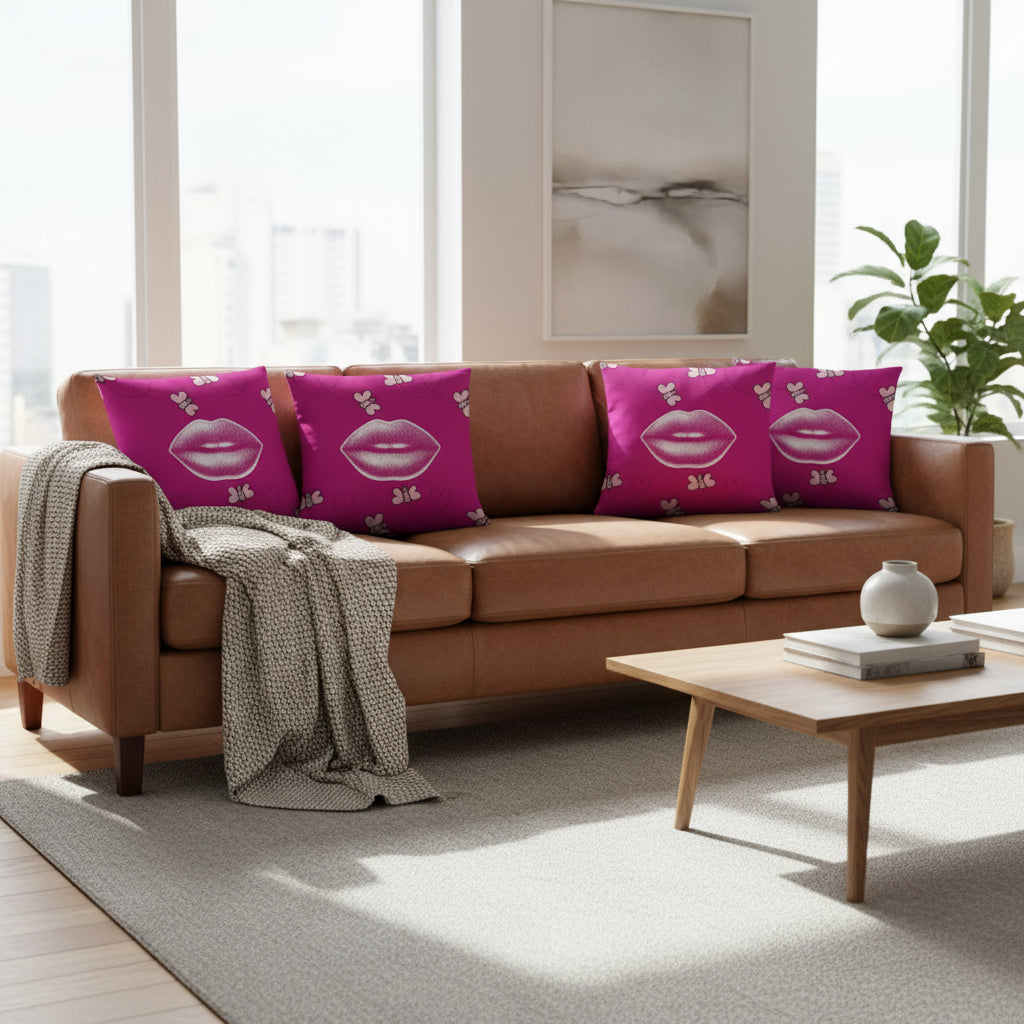 Pink Throw Pillow with Lips & Hearts – 18x18” | Fun & Flirty Pop Art Accent