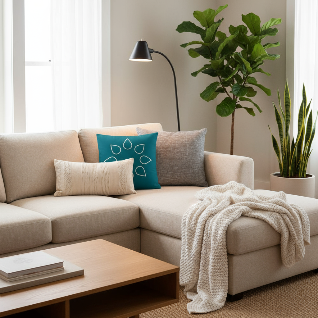 Teal and White Decorative Throw Pillow 22x22” – Modern Accent Cushion for Living Room Sofa, Bedroom, or Office Decor