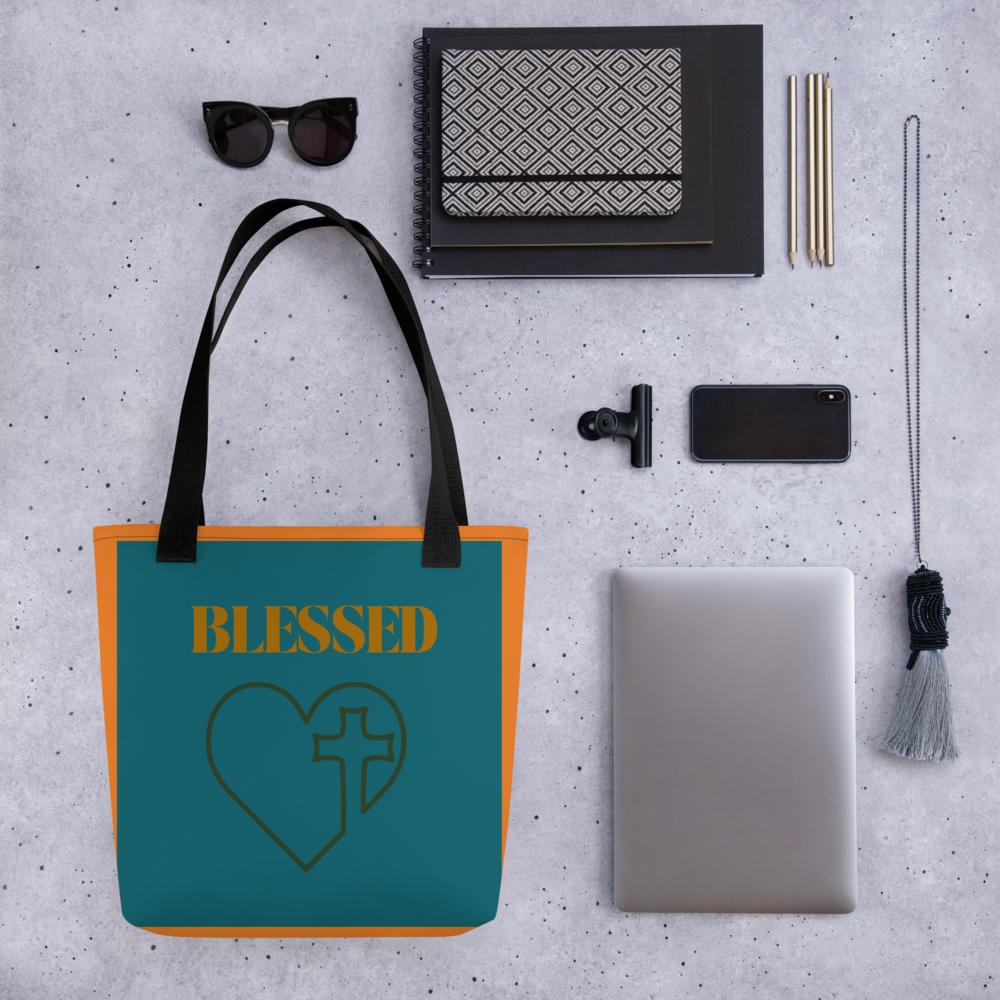 Green & Orange “Blazed with Love” Tote Bag with Cross – 15”x15” Thanksgiving & Everyday Carryall