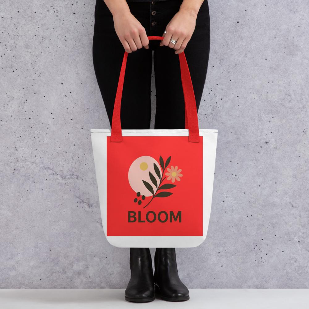 Red & White “BLOOM” Boho Tote Bag – 15”x15” Stylish Everyday Carryall