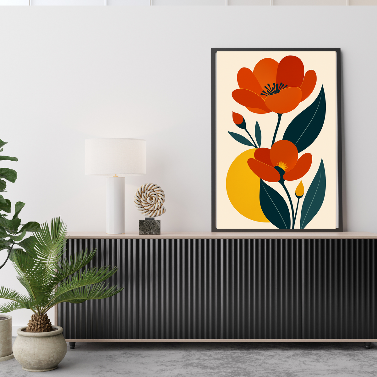 Orange Botanical Flower Wall Art – Minimalist Off-White Background