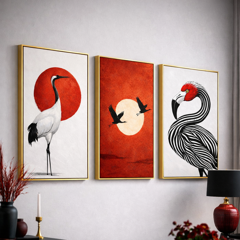 Japanese Crane Wall Art Set – Modern Red Sun Printable Decor – Minimalist Asian Inspired Digital Download (11x14, 16x20, 18x24, 24x36)