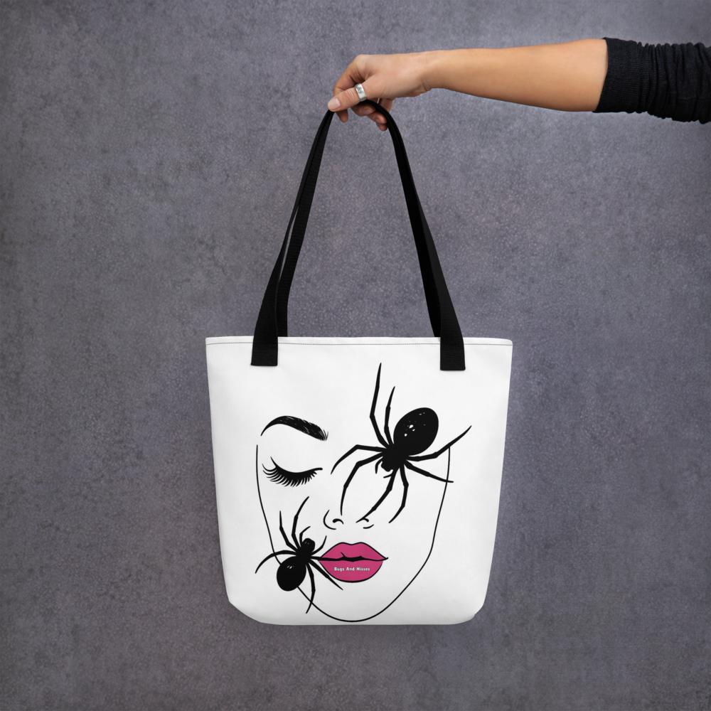 White “Haunted Beauty” Halloween Tote Bag – 15”x15” Artistic Woman’s Face with Black Moths