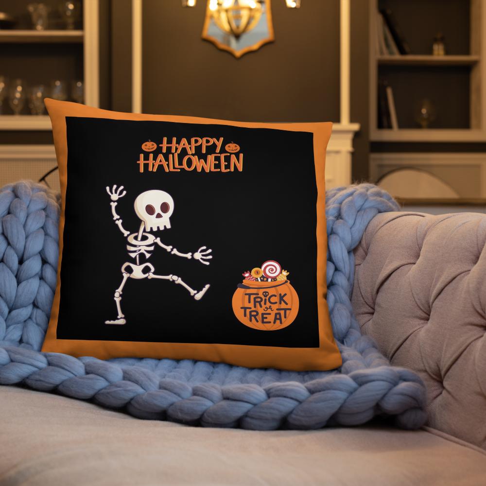 Happy Halloween Skeleton & Candy Treats Throw Pillow – Black & Orange 22x22” Decorative Cushion