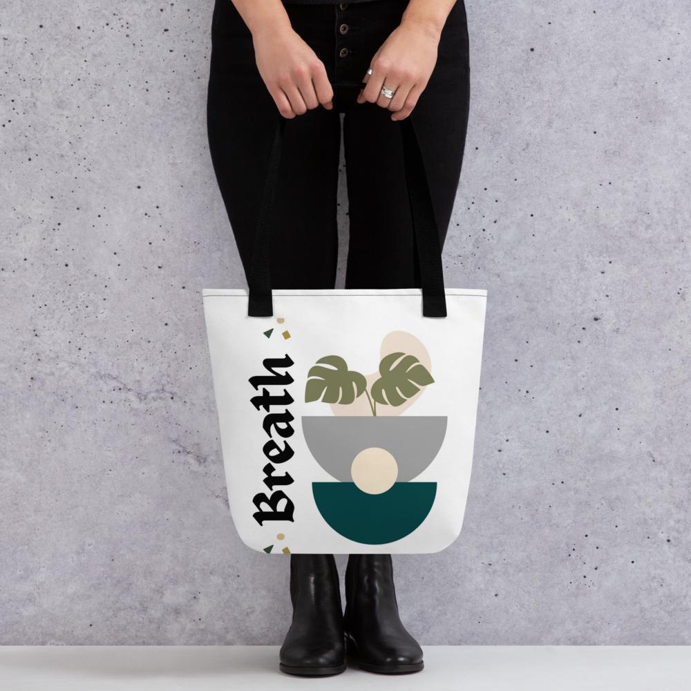 White “BREATHE” Boho Tote Bag – 15”x15” with Green & Grey Botanical Design