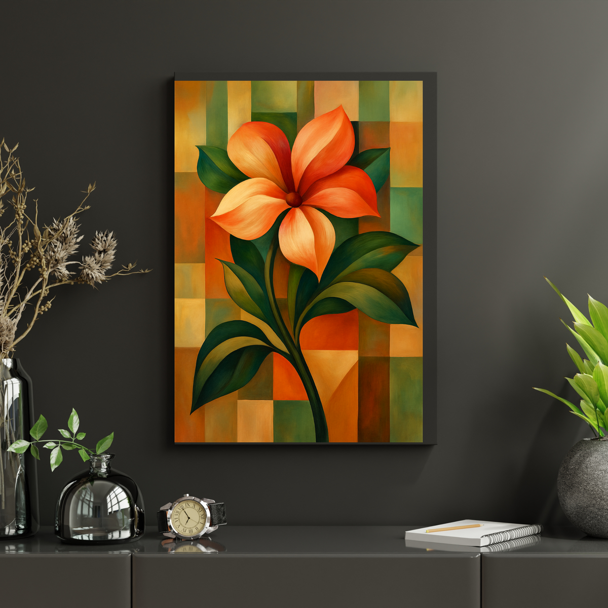 Orange Botanical Flower Wall Art – Vibrant Printable Floral Poster on Patterned Background