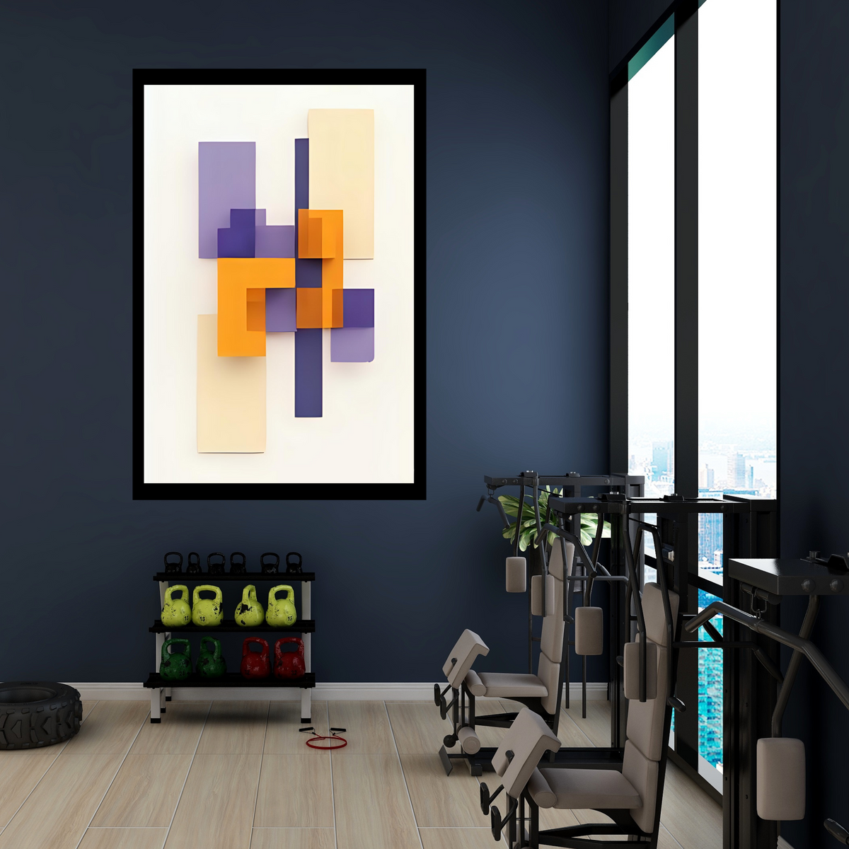 2-Piece Abstract 3D Shape Wall Art – Purple, Yellow & Off-White on White Background (Portrait Digital Download, 3 Sizes Each)