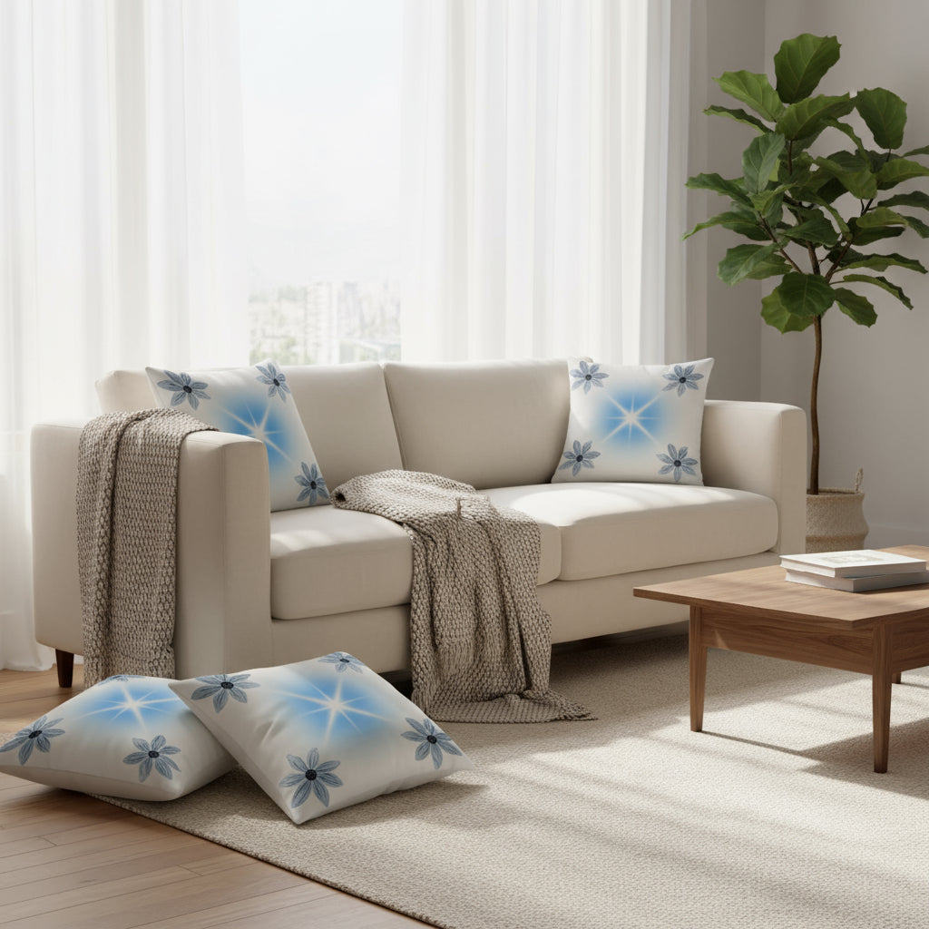 White Throw Pillow with Blue Accents – Elegant 18x18 Decorative Cushion for Sofa or Bedroom”