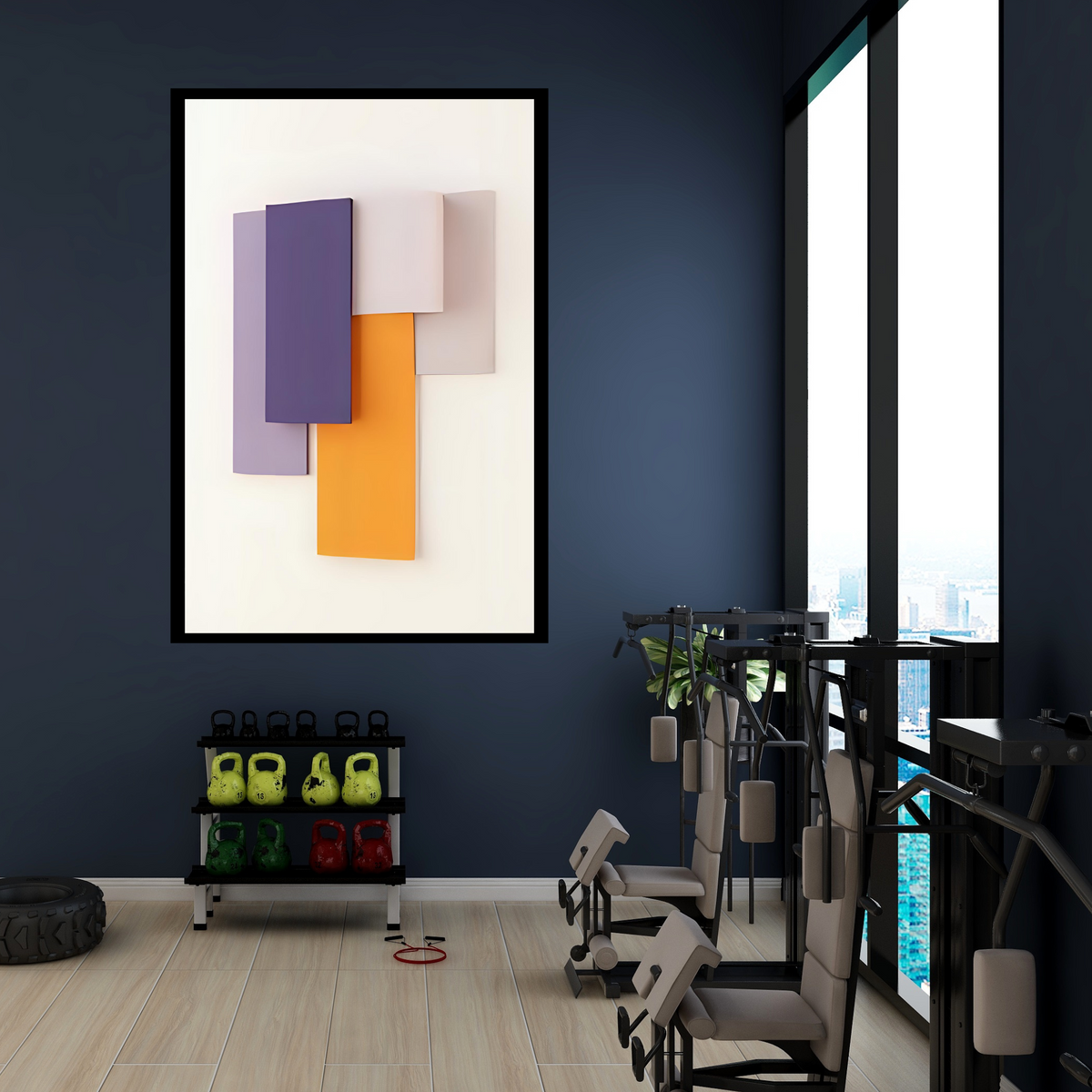 2-Piece Abstract 3D Shape Wall Art – Purple, Yellow & Off-White on White Background (Portrait Digital Download, 3 Sizes Each)