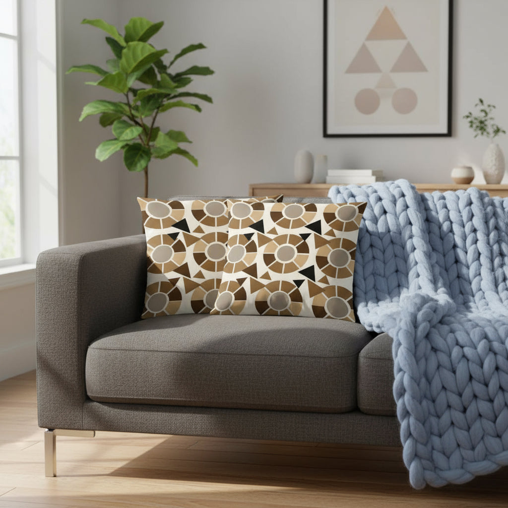 Modern Geometric Throw Pillow – 18x18” Brown, Beige & Black Accent on Light Tan Background
