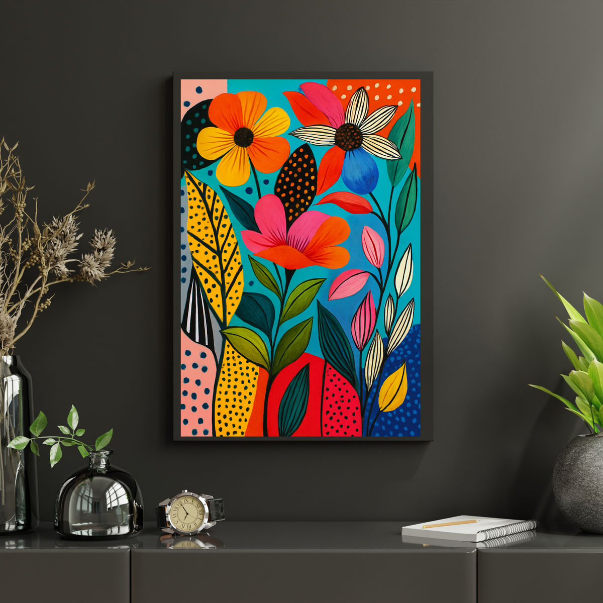 Bold Botanical Flower Wall Art – Colorful Floral Printable on Blue Background