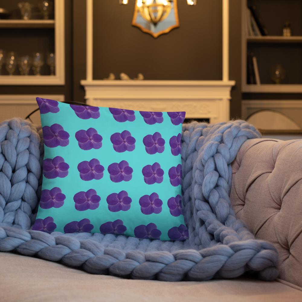 Mint Green Throw Pillow with Purple Flower Pattern – 18x18” | Soft Botanical Accent