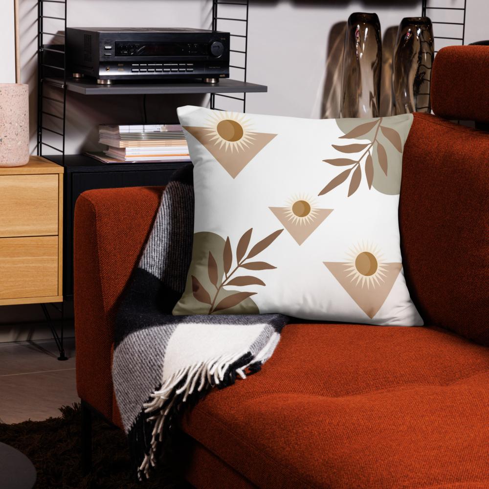 White Throw Pillow with Brown Boho Designs – Decorative Cushion 22x22”