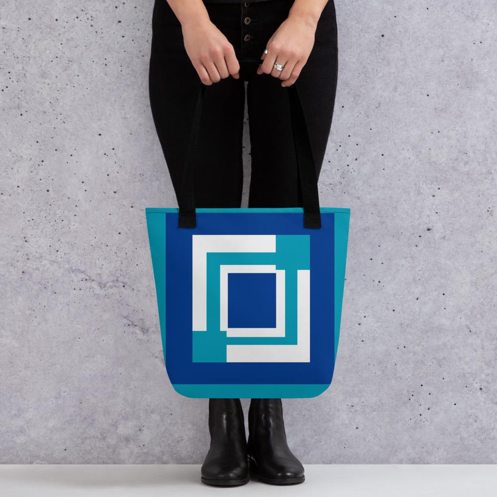 Royal Blue & White Abstract Squares Tote Bag – 15”x15” Modern Geometric Carryall