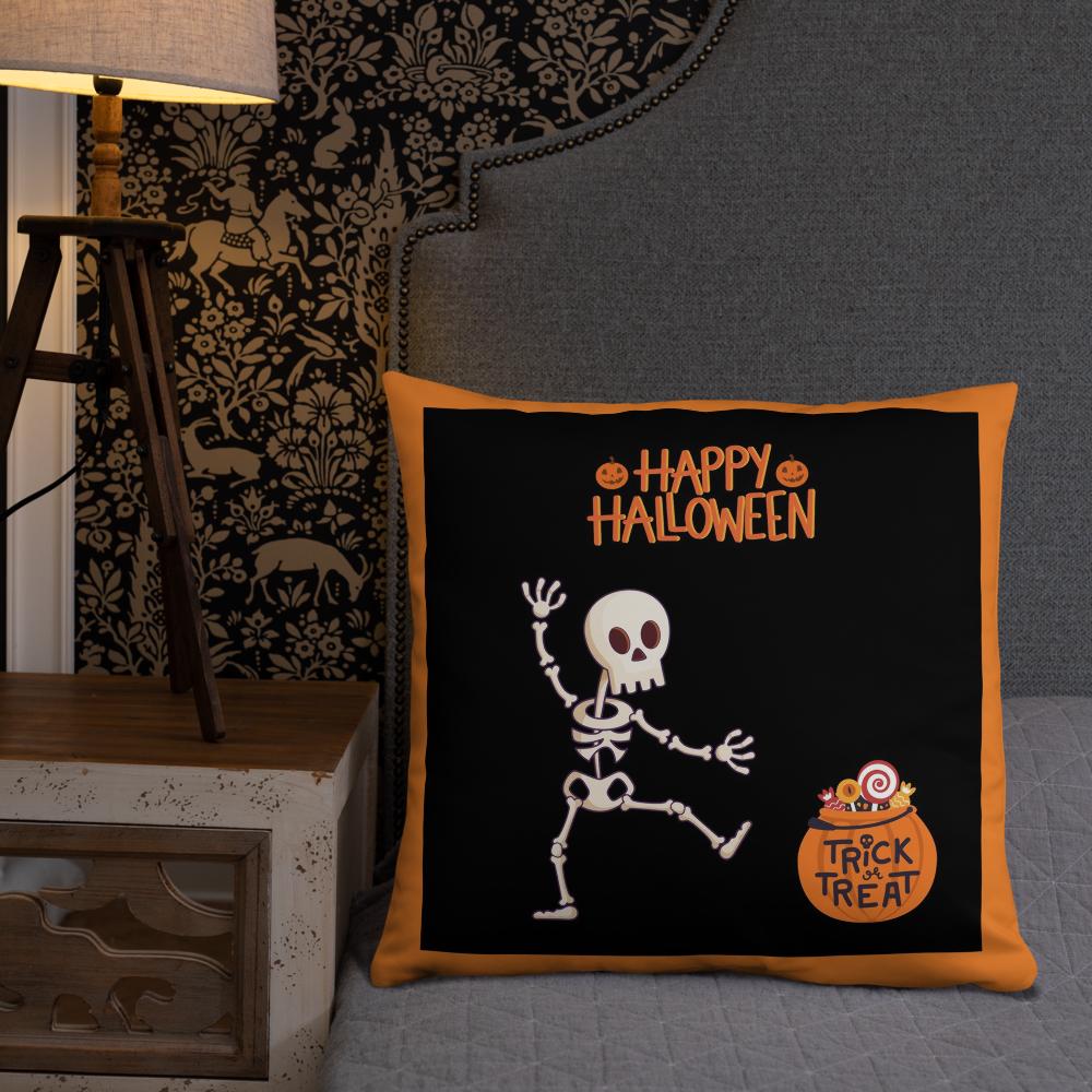 Happy Halloween Skeleton & Candy Treats Throw Pillow – Black & Orange 22x22” Decorative Cushion