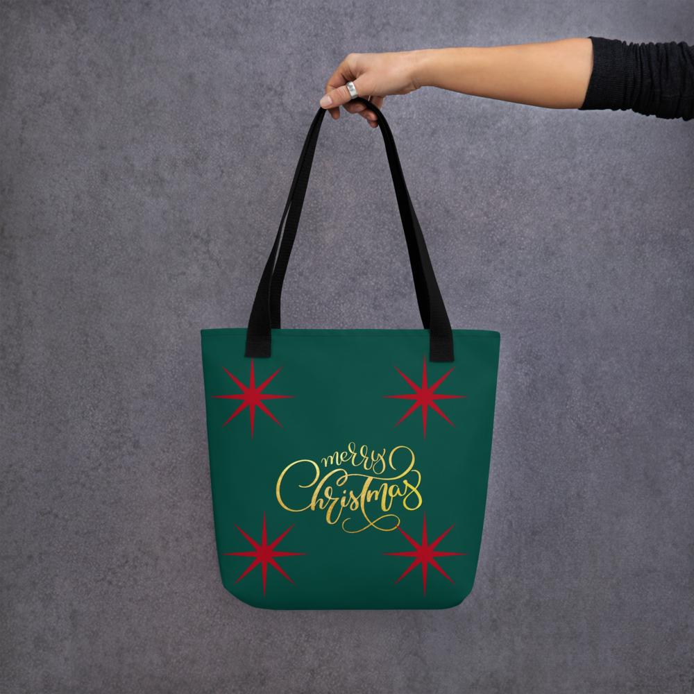 Green “Merry Christmas” Tote Bag with Red Stars – 15”x15” Holiday Carryall