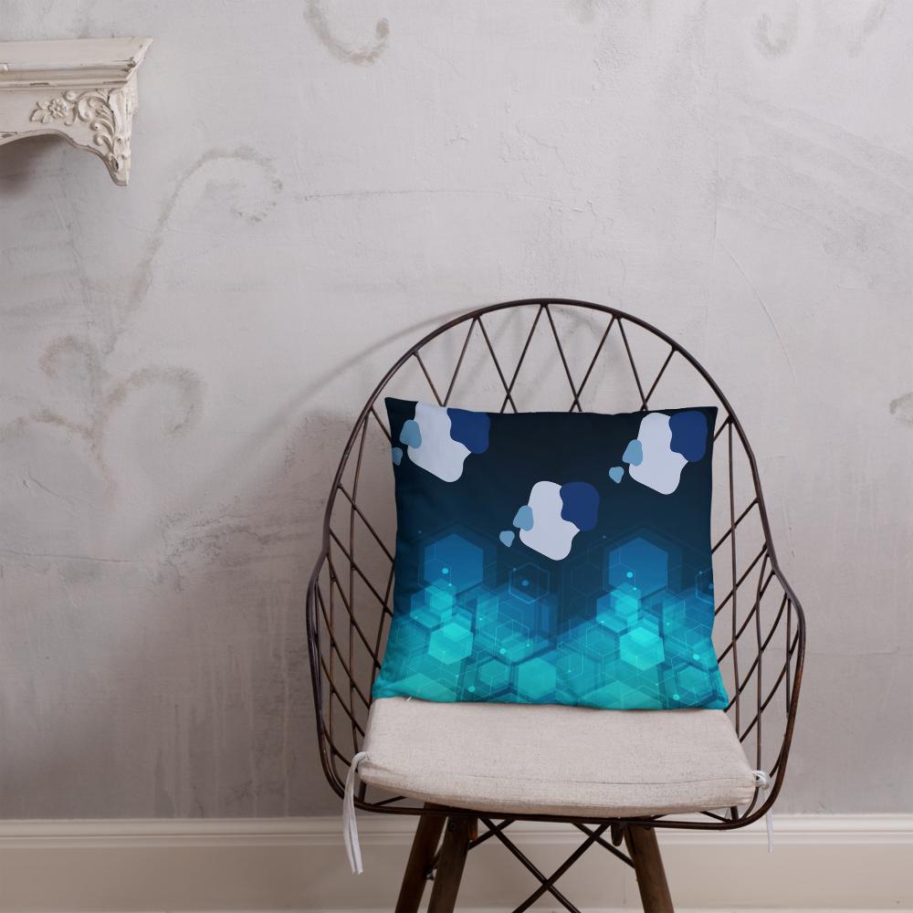 Dark Blue Throw Pillow with Geometric Shapes – 18x18” | Green, Blue & Gray Modern Design