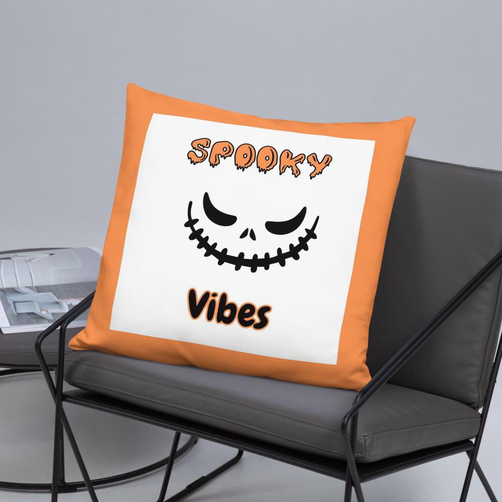 Spooky Vibes Halloween Pillow – 18x18 Orange & White Throw Cushion