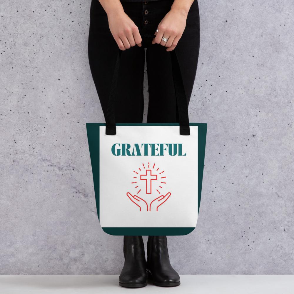 Green & White “Grateful” Tote Bag with Cross – 15”x15” Thanksgiving & Everyday Carryall