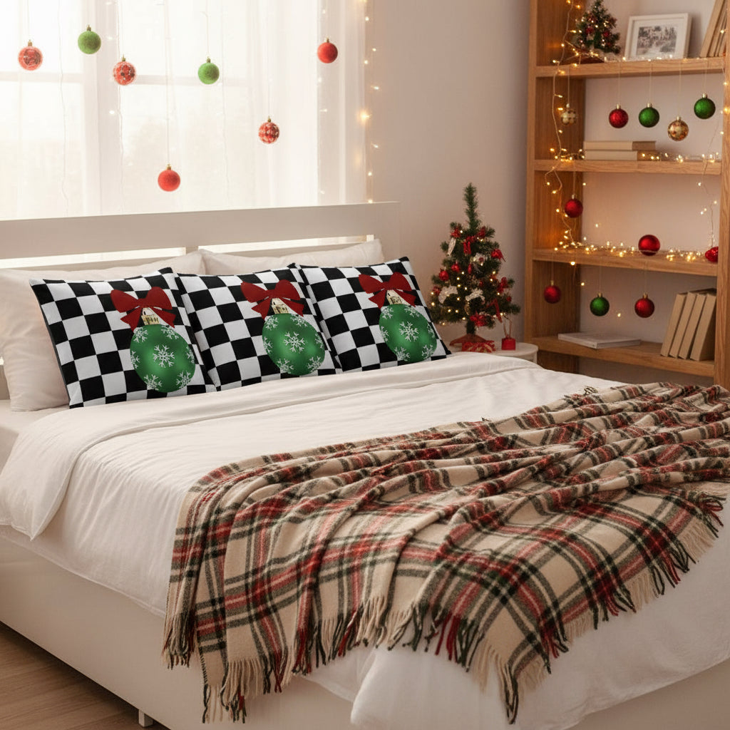 Black & White Checkered Christmas Throw Pillow | Farmhouse Holiday Decor Cushion | Festive Plaid Accent Pillow for Living Room or Bedroom (18x18 & 22x22)