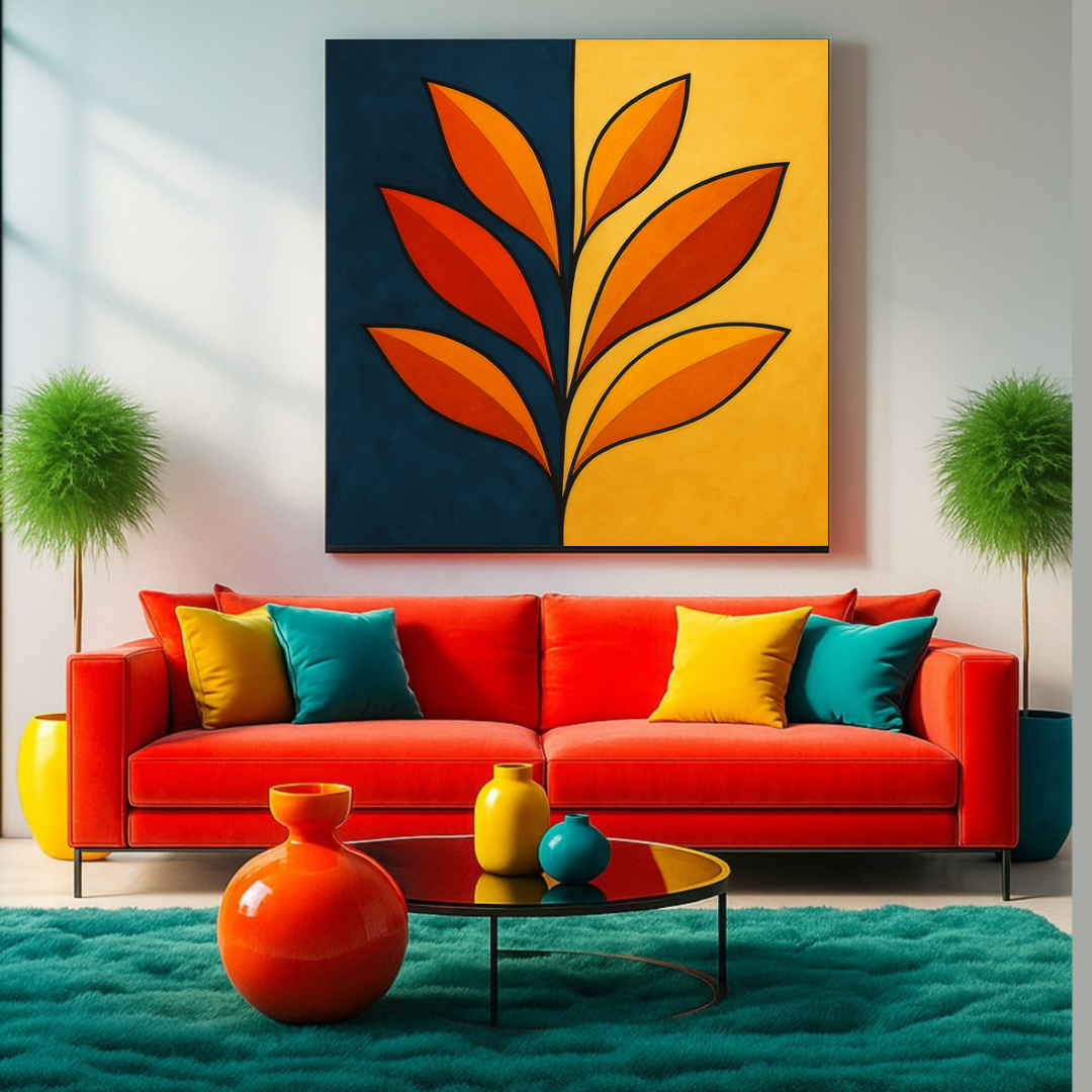 Orange Botanical Flower Wall Art – Dark Blue & Yellow Square Abstract Print | Digital Download (20x20, 24x24, 36x36)