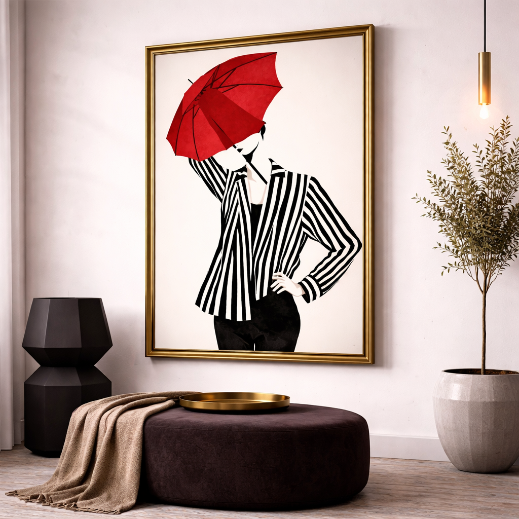 Black and White Fashion Wall Art Set – Red Hat & Umbrella Glam Printable – Modern Feminine Digital Download (11x14, 16x20, 18x24, 24x36)