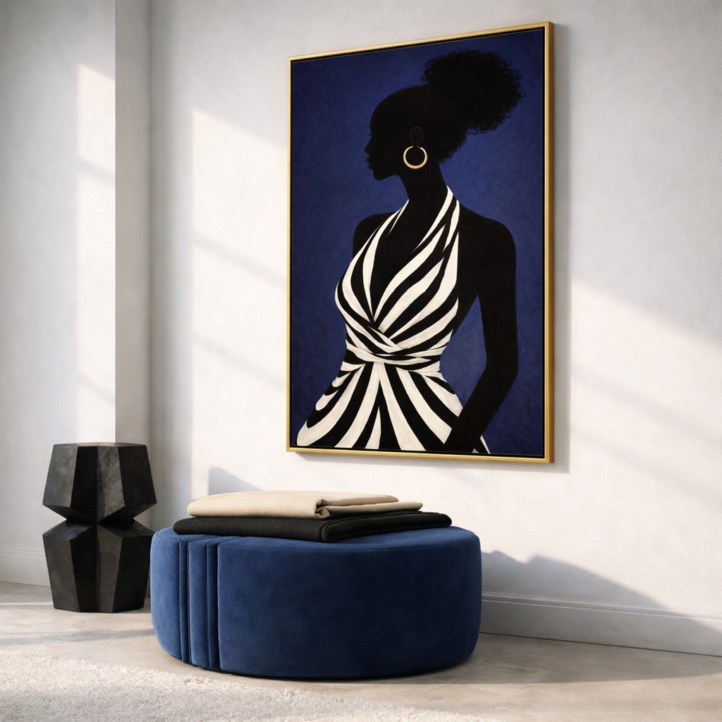 Modern Afrocentric Silhouette Wall Art Set – Black and White Striped Fashion Printable – Navy Blue Digital Download (11x14, 16x20, 18x24, 24x36)