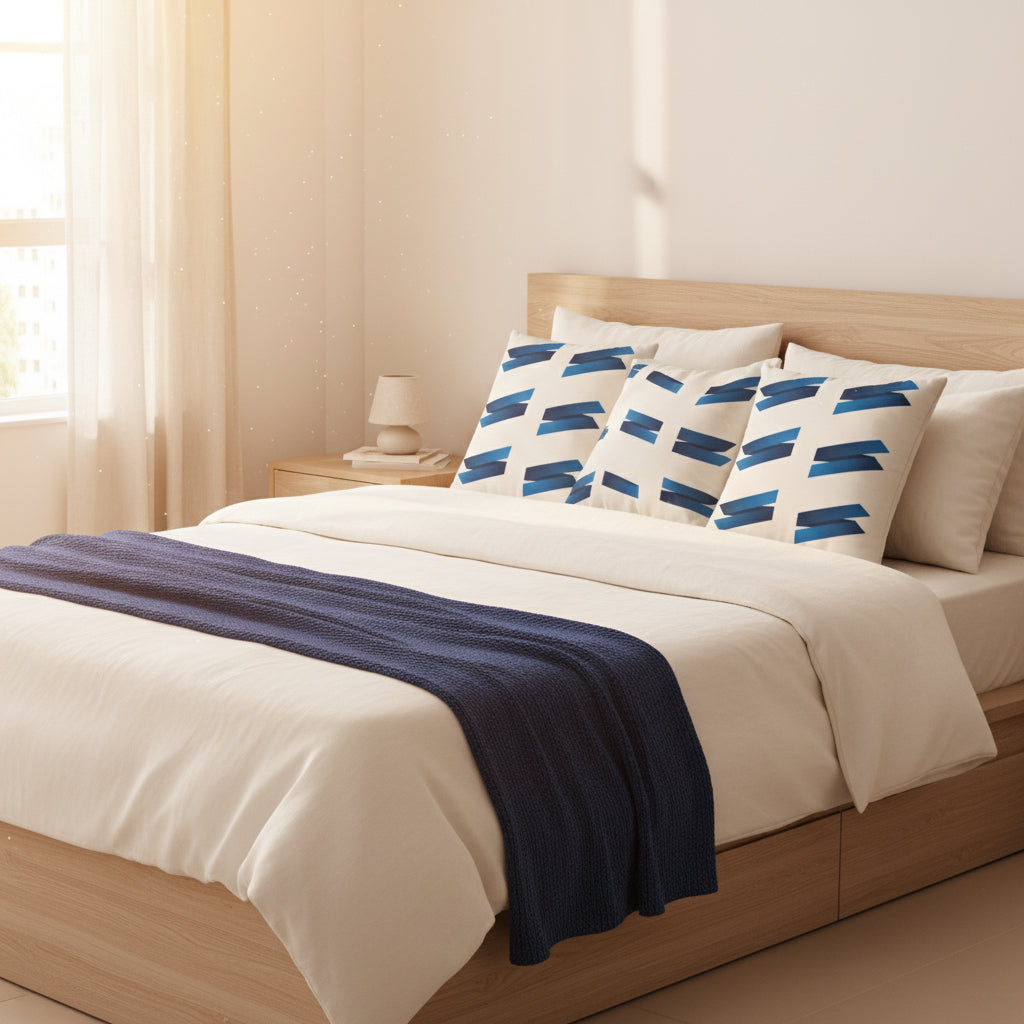 | White Throw Pillow with Blue Accents – Elegant 18x18 Decorative Cushion for Sofa or Bedroom”