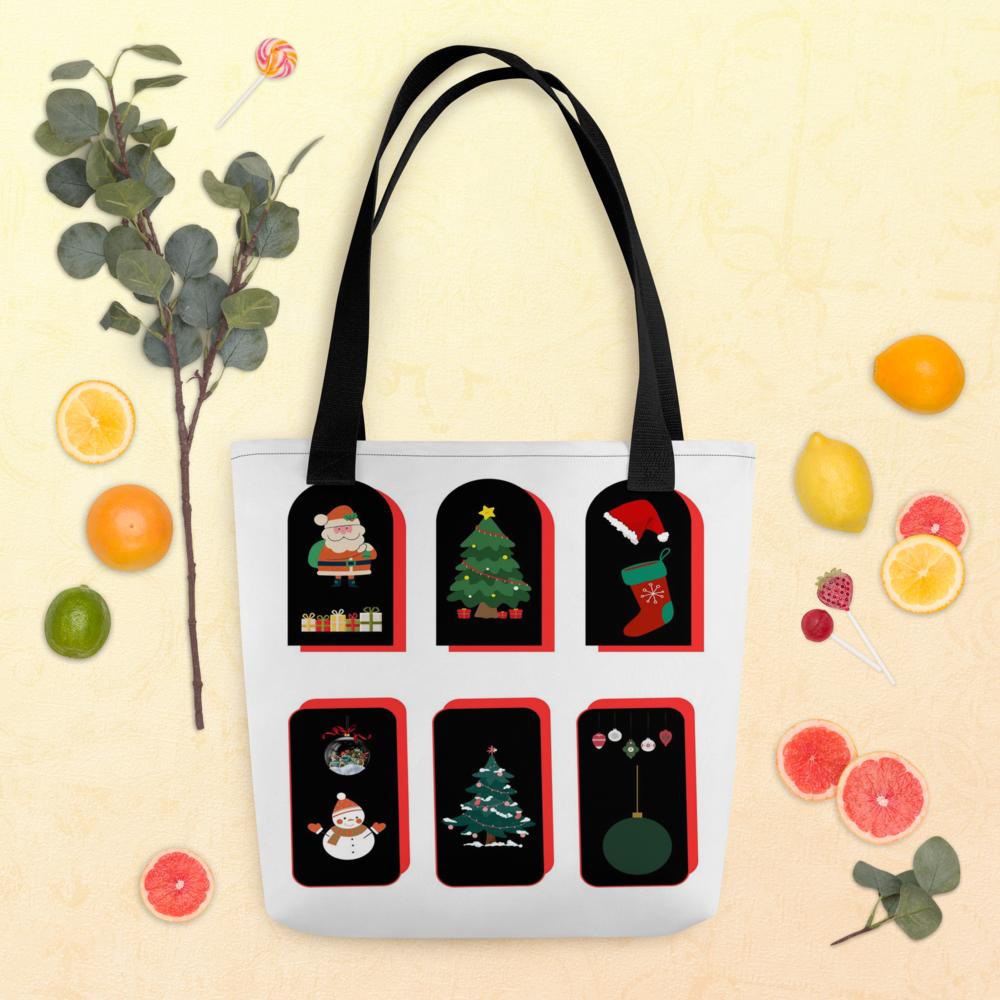 Christmas Tote Bag – 15×15″ White Background with Elegant Festive Design