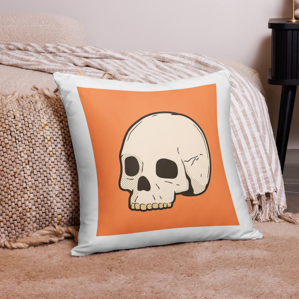 Halloween Skull Throw Pillow – Orange & White Skeleton Head Cushion (18x18)