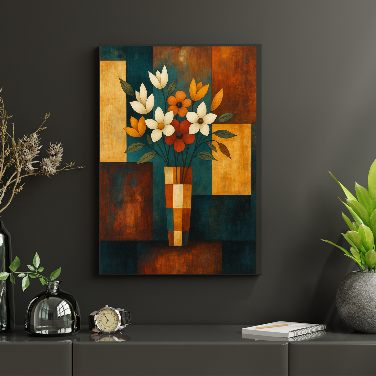 Elegant Floral Vase Wall Art – Green, Burnt Orange & Gold Checkered Background | Printable Digital Download