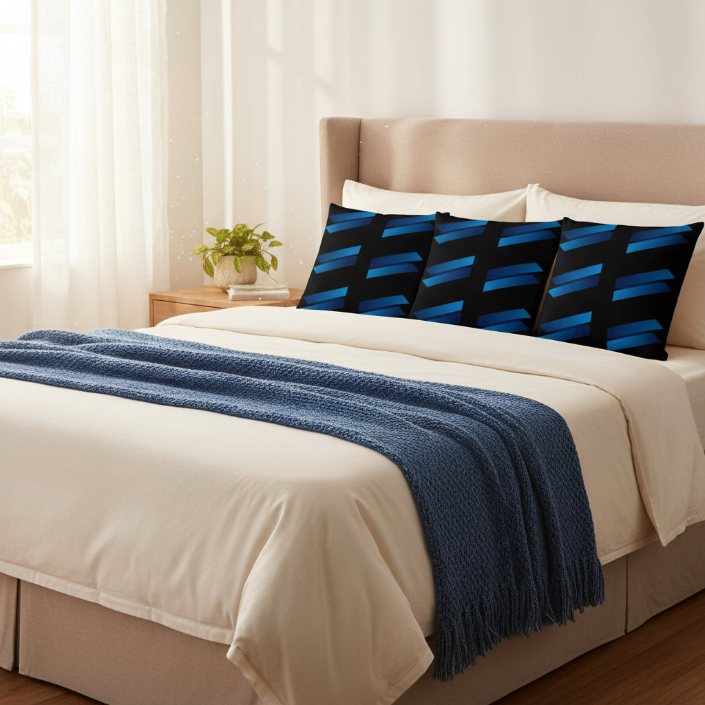 Black Throw Pillow with Blue Brick Pattern – 18x18” | Modern Rectangular Block Design