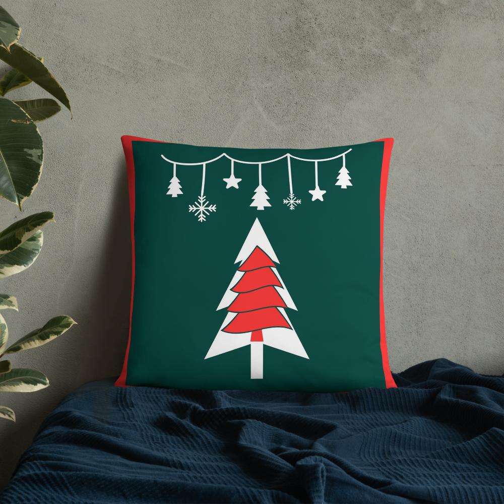 Festive Green & Red Christmas Tree Throw Pillow – 22x22” Holiday Cushion for Living Room & Bedroom Decorating