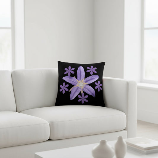 Black Throw Pillow with Purple Flower Cluster – 18x18” | Bold Floral Centerpiece Cushion