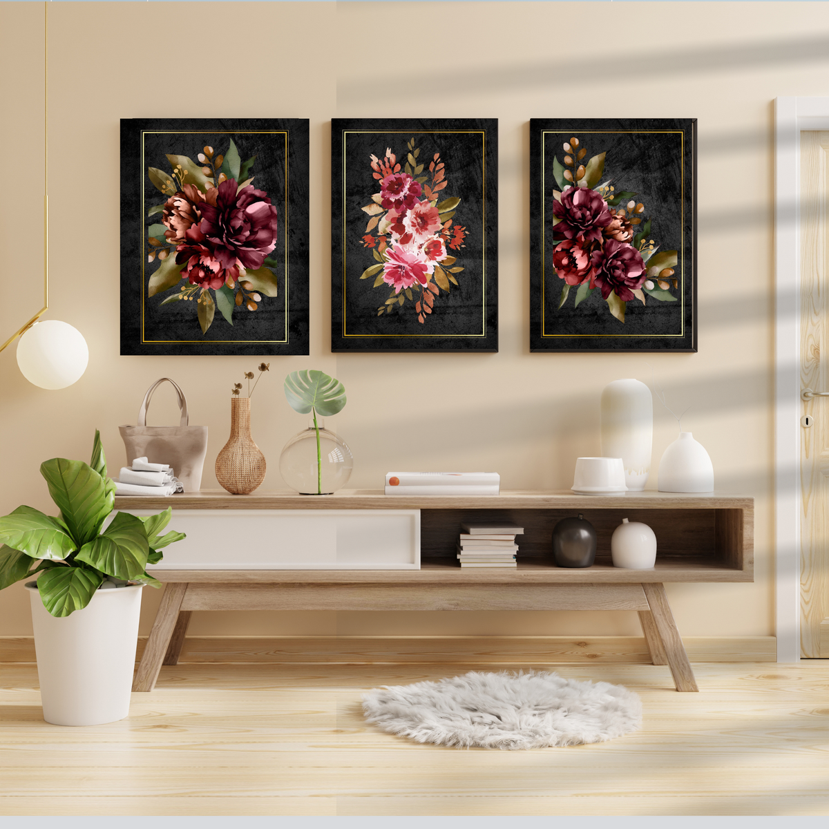 Degeta Wall Art Set of 3 – Burgundy Floral Prints with Glossy Background & Gold Frame Effect (Digital Download)