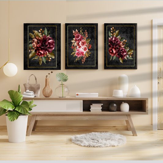 Degeta Wall Art Set of 3 – Burgundy Floral Prints with Glossy Background & Gold Frame Effect (Digital Download)