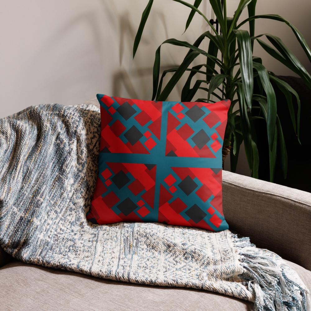 Geometric Red Shapes Throw Pillow – 18x18” | Modern Abstract Decor in Navy Green