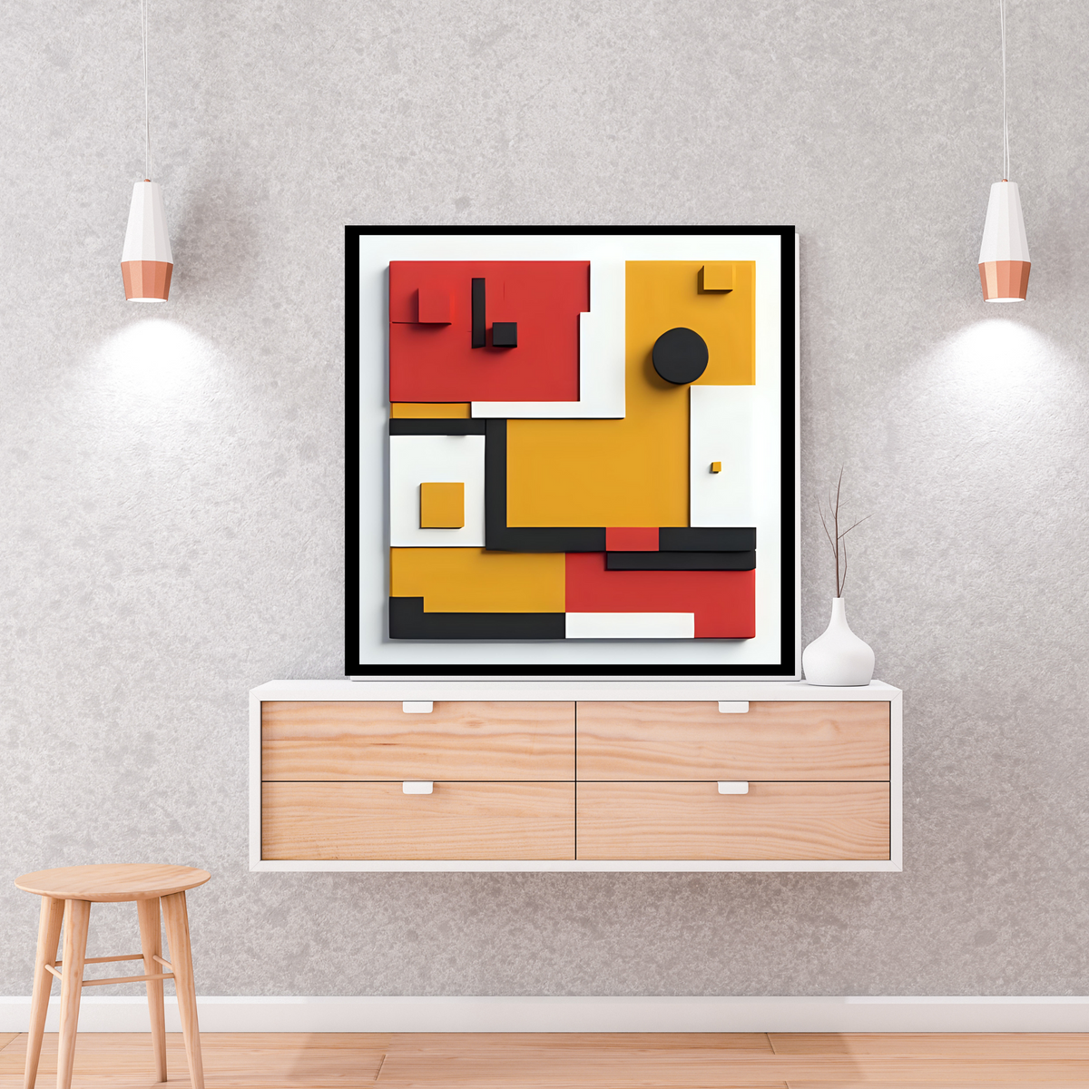 Premium Abstract Wall Art Set – Red, Yellow & Black on Off-White (3 Digital Prints – 16x16, 20x20, 24x24 in)